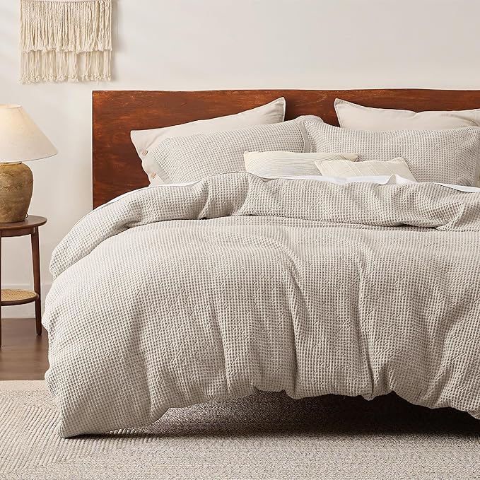 Bedsure Cotton Duvet Cover Queen - 100% Cotton Waffle Weave Linen Color Duvet Cover Queen Size, GentleSoft™ and Breathable Bedding Set for All Season, 3 Pieces, 90"x90"