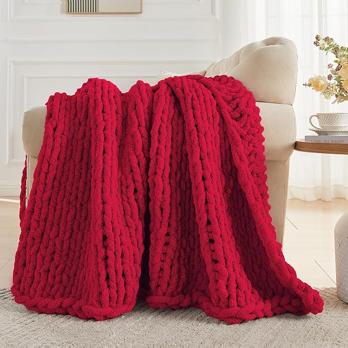 Carriediosa Chunky Knit Throw Blanket 60" X 80" Twin, 100% Hand Made Large Chenille Loop Yarn Soft Fluffy Throws for Couch Sofa Bed, Big Crochet Cozy Heavy Thick Cable Woven Blankets, Red