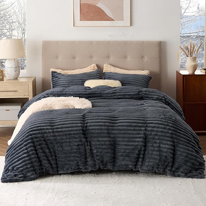 Bedsure Fluffy Duvet Cover Set - Ultra Soft Plush Shaggy Comforter Cover King Size, Warm Flannel Fleece Bed Sets for Winter, 3 Pieces (Striped Pattern, Dark Grey)