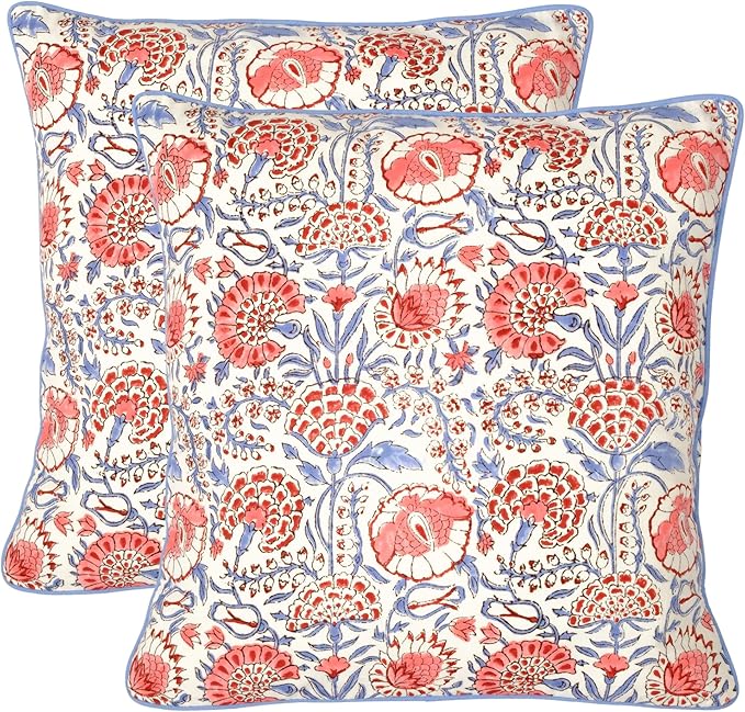 Ridhi Hand Block Print Flamingo Pink Decorative Outdoor Couch Throw Canvas Pillow Cover Set of 2 16x16 Washable Modern Vintage Boho Chic Spring Home Déco Cover