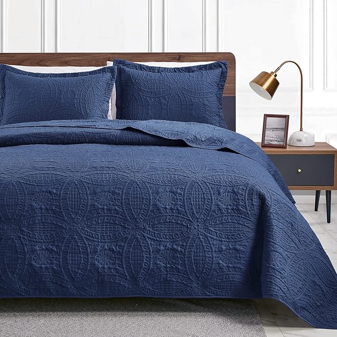 Love's cabin Quilts for Full Bed Navy Bedspreads Bedding Set - Summer Lightweight Bedspread Comforter - Coin Pattern Bedding Coverlet for All Season - 3 Pieces (1 Quilt, 2 Pillow Shams)