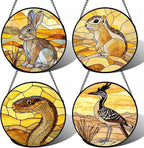 Stained Glass Window Hanging 4 Pcs Set Animals 9.8" - Desert Landscape Yellow Suncatcher Door Garden Sun Catcher Decor Birthday Christmas for Mom Woman Nana Men