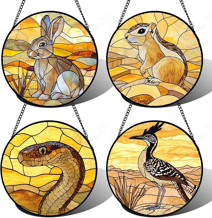Stained Glass Window Hanging 4 Pcs Set Animals Large 11.8" - Desert Landscape Yellow Suncatcher Door Garden Sun Catcher Decor Birthday Christmas for Mom Woman Nana Men