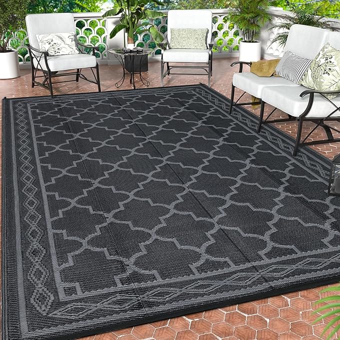 GAOMON Reversible Outdoor Rug 9'x18' Waterproof Plastic Straw Rug, Patio Rug, Large Modern Area Rug Carpet, Indoor Outdoor Rugs for Camping, Porch, Deck, Balcony, Backyard, Black/Grey(Geometric)