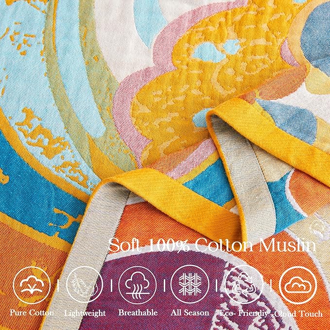 Boho Throw Blanket, Lightweight Blankets for Summer, 100% Cotton Bohemian Decorative Throw Blanket, 60"x80" Reversible Muslin Breathable Woven Farmhouse Blankets Quilt,