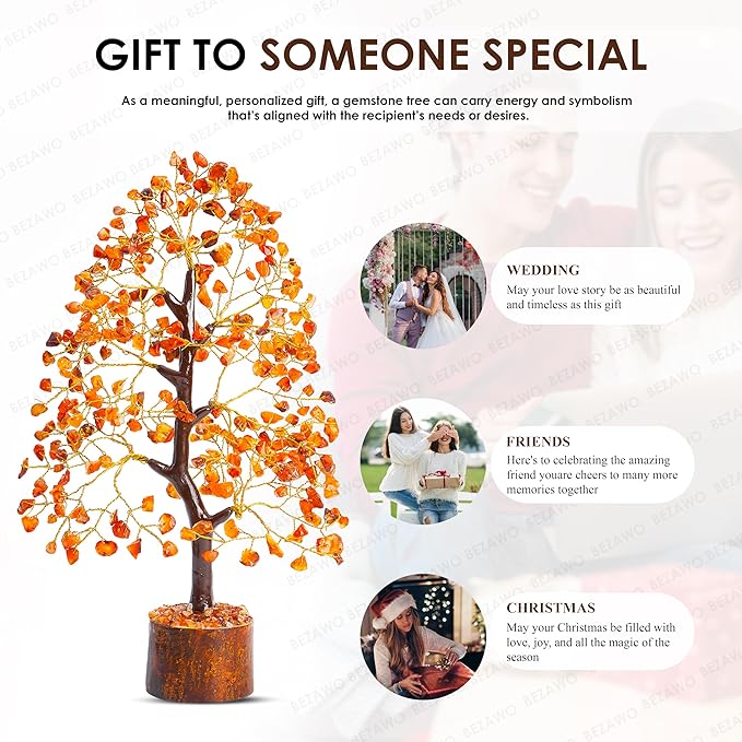 Carnelian Chakra Tree of Life - Crystal for Positive Energy, Handmade Gemstone Feng Shui Decor, Good Luck Money Tree Bonsai - Orange Healing Crystals for Sacral Chakra, Prosperity Gift