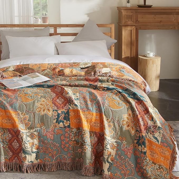 Boho Throw Blanket for Couch Sofa Bed, 100% Cotton Woven Quilt with Tassel 60”x80”, Super Soft Muslin Blanket with Floral Printed, Decorative Reversible Bed Blanket/Cover for All Seasons