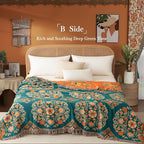 Boho Throw Blanket Twin Size, Soft Cozy Cotton Muslin Quilt Blanket for Bed Decor, Floral Patterned Couch Sofa Chair Cover, Vintage Farmhouse Cottage Tapestry Woven Blanket, Orange&Green