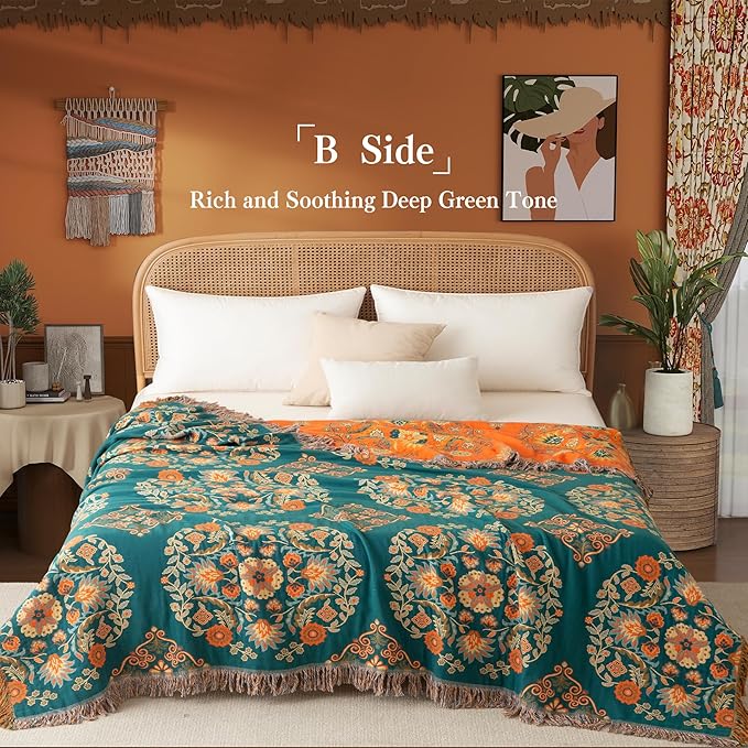 Boho Throw Blanket Full Size, Extra Large Soft Cozy Cotton Muslin Quilt Blanket for Bed Decor, Floral Patterned Couch Sofa Chair Cover, Vintage Farmhouse Cottage Woven Blanket, Orange&Green