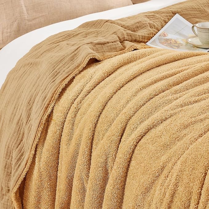 EMME Muslin and Fleece Twin Blanket Reversible - 60"*80" Beige Soft Warm Throw Blankets for Couch Bed Picnic Travel Bed