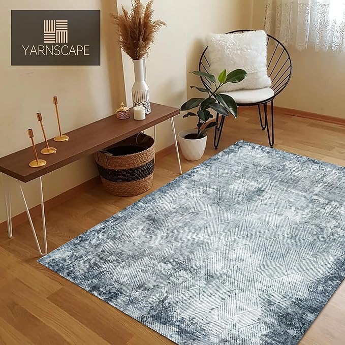 6' x 9' Washable Area Rug - Low Pile Soft Vintage Indoor Rug for Living, Dining or Bedroom - Lightweight Carpet with Non-Slip Backing - Foldable for Easy Placement, Blue