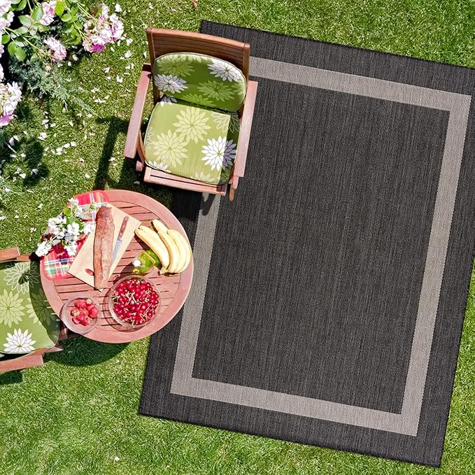 CAMILSON Outdoor Rug 10x14, Large Modern Outside Rugs for Patios Porches Waterproof Durable Washable Non-Shedding, Easy-to-Clean Indoor Outdoor Area Carpet (10 x 14, Bordered - Dark Gray/Light Gray)