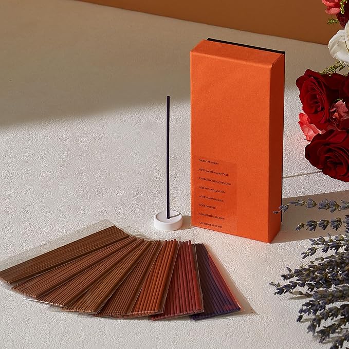 Incense Sticks – 120 Natural Sticks, 8 scents Including Lavender, Osmanthus, Rose, Agarwood, Sandalwood & Oriental. 15 Sticks per Scent. Stress Relief Gifts
