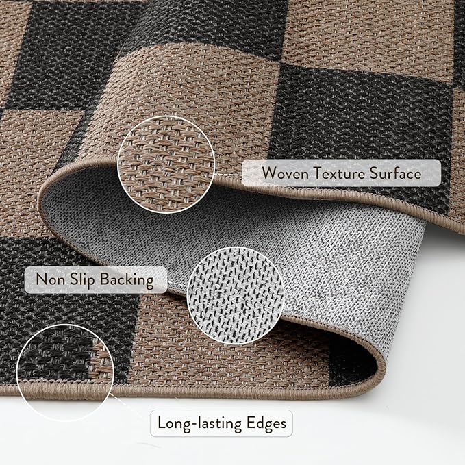 Lahome Checkered Easy Jute Living Room Rugs, 5x7 Black Dining Room Office Rug Farmhouse Washable Carpet, Checkerboard Neutral Non Slip Indoor Outdoor Carpet for Bedroom Entry Patio