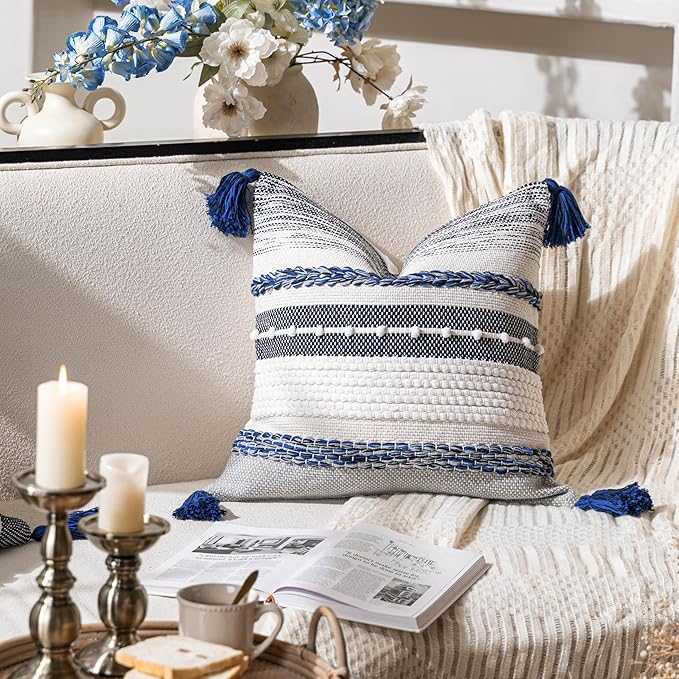BlissBlush Navy Dark Blue Decorative Throw Pillow Cover 20x20 Square Boho Accent Pillowcase Tassels Farmhouse Cushion for Couch Sofa Bedroom Living Room Home Décor Cover ONLY