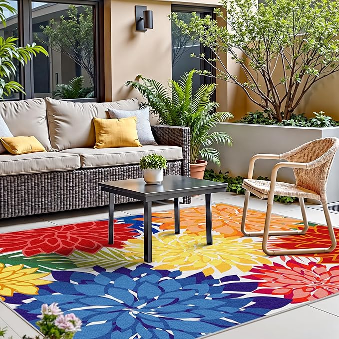 Indoor Outdoor Area-Rug Washable Multicolored Patio Rug Tropical Botanical Modern Floral Indoor Outdoor Carpet Non-Slip for Patio, Deck, Backyard, Porch (5x8)