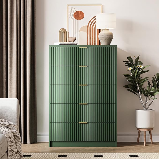 5 Drawer Dresser for Bedroom, Tall Dresser Chest of Drawers with Gold Handles, 32 Inch Wide Nightstand with for Bedroom, Living Rooms, Offices, and Entryways, Green