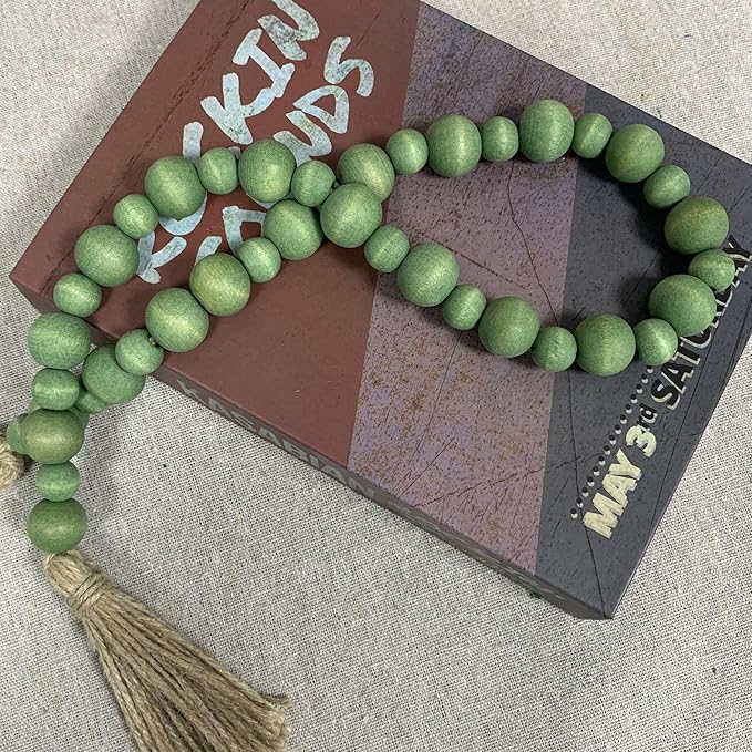 Handcrafted Farmhouse Wooden Decorative Beads Garland, Table Tray Boho Wood Beads with Tassel, Small Rustic Antique Decor for Home and Events (Sage Green)