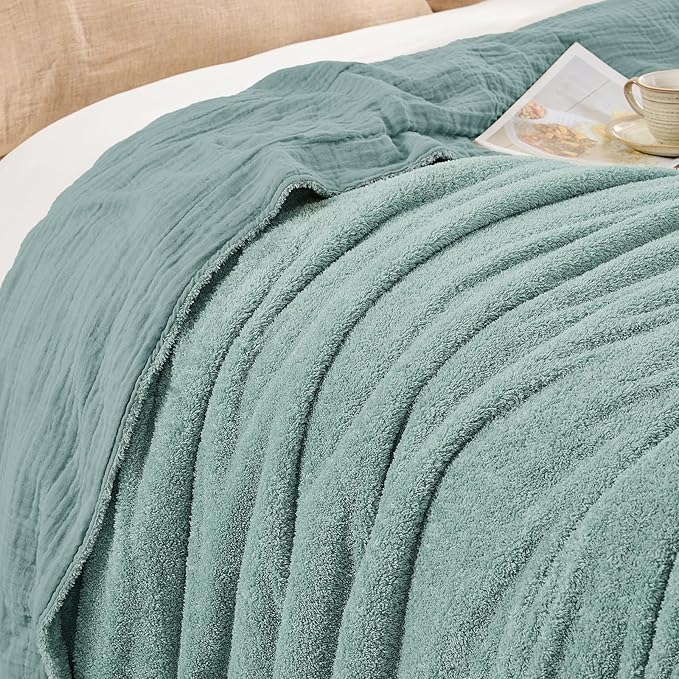 EMME Muslin and Fleece Queen Blanket Reversible - 80"*90" Teal Soft Warm Throw Blankets for Couch Bed Picnic Travel Bed