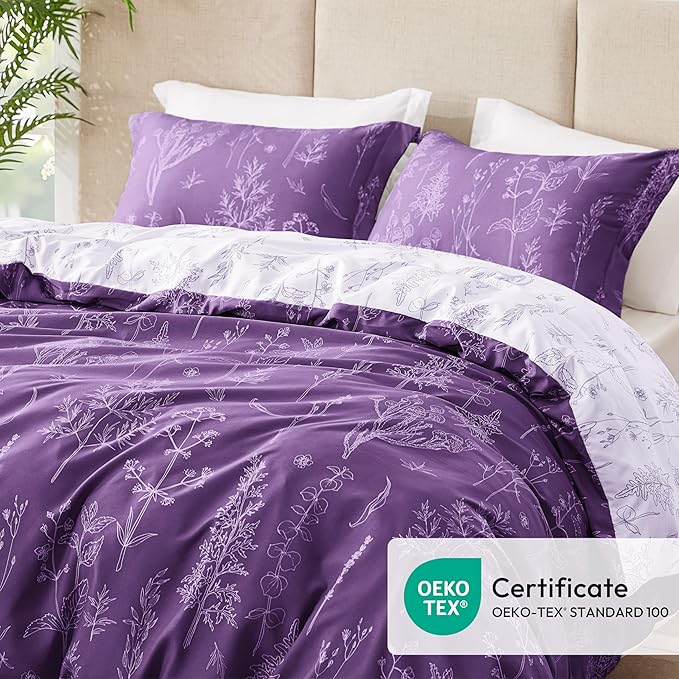 Love's cabin Dark Purple Comforter Set Queen - Queen Size Comforter Set, 3 Pieces Cute Floral Bedding Sets for All Seasons,1 Soft Reversible Botanical Flowers Comforter and 2 Pillow Shams