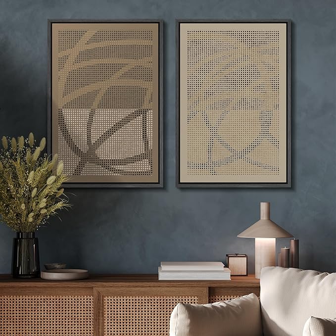 SIGNFORD Framed Canvas Print Wall Art Set Geometric Dot Patterns Earthy Beige and Brown Contrast Illustration Modern Art Decorative Nordic Nature for Living Room, Bedroom, Office - 24"x36"x2 Black