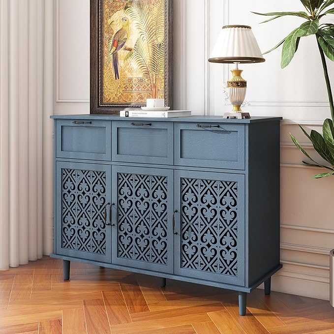 Sideboard Buffet Cabinet with Storage - Modern 3 Door 3 Drawer Farmhouse Wood Credenza for Living Room, Dining Room (Blue)