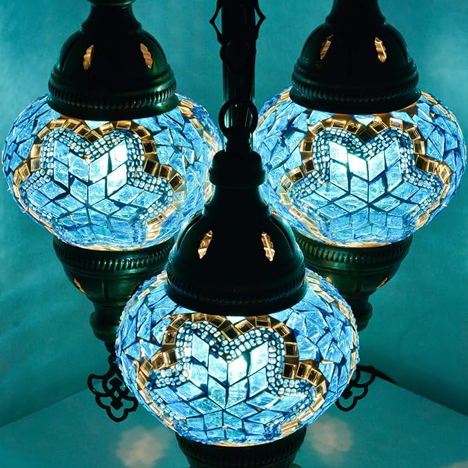 Mozaist Turkish Mosaic Lamp – Moroccan Handmade 3 Globe Table Light with Bulb (Sea Blue)