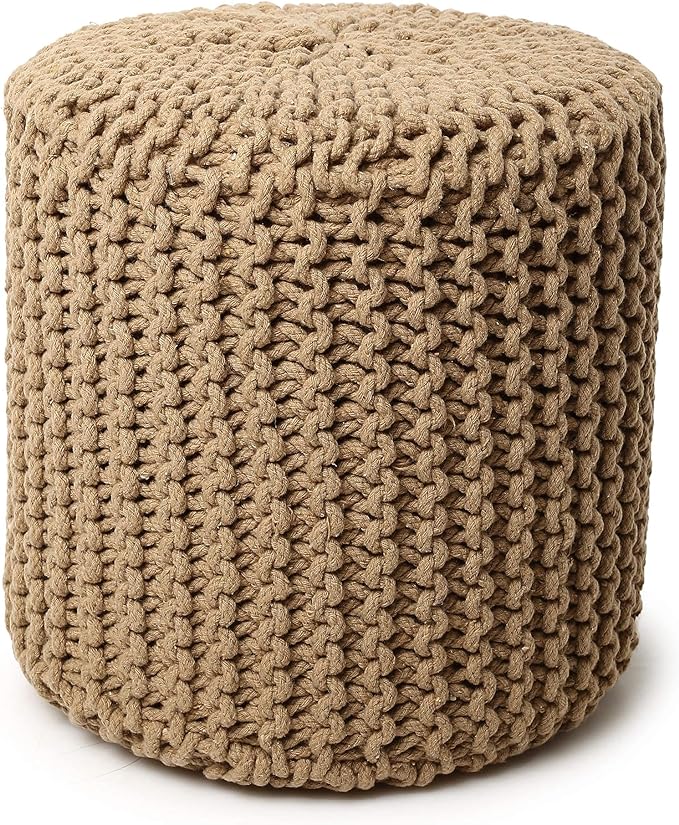 REDEARTH Pouf Ottoman - Cylindrical Knitted Poof - Cord Boho Pouffe - Cotton Round Foot Stool Puff for Home Decor - Living Room - Nursery - Bedroom - Patio - Lounge (16" x 16" x 16") - Beige
