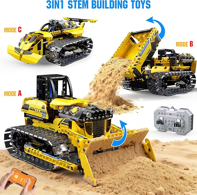 zinat 3 in 1 STEM Remote Control Bulldozer Building Set, DIY Engineering Construction Kit with APP & Remote, Educational Robot Blocks Toy, Birthday for Kids Teens Adults - 452 Pcs