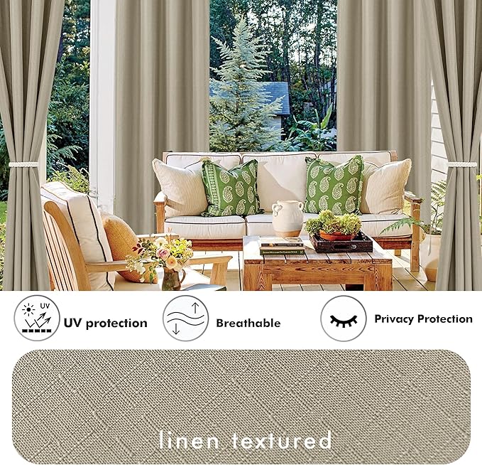 HolidayIdeas Linen Outdoor Curtains for Patio Waterproof-4 Panels Taupe Outside Curtains 54"x95"-Indoor/Outdoor Privacy Gazebo Curtains Weighted Weatherproof for Pergola, Porch, Cabana, Sunroom