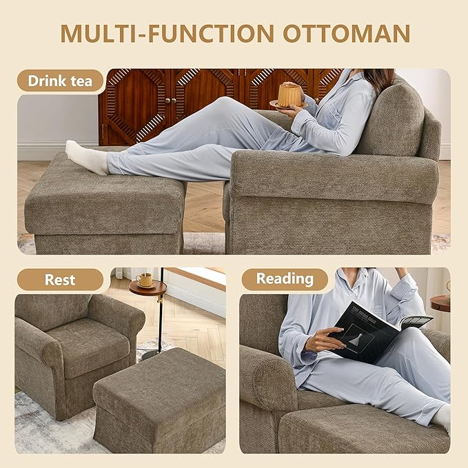 35.82” Accent Chair with Ottoman Upholstered Living Room Chairs for Reading Chair with Chaise Lounge Chairs Indoor, Comfortable Armchair for Bedroom (Brown, 35.82")