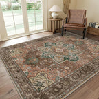 GENIMO 9x12 Area Rugs for Living Room, Non Slip Machine Washable Vintage Rugs, Low Pile Lightweight Chenille Print Large Rug for Bedroom, Dining Room, Home Office, Rosewood