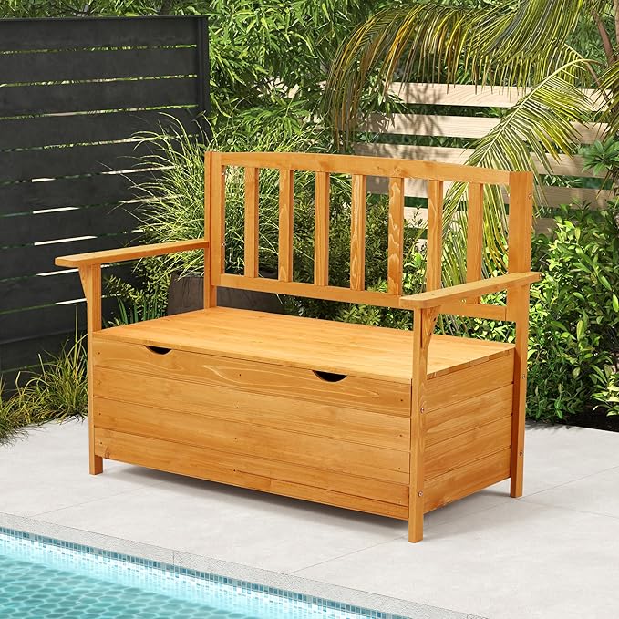 AVAWING Outdoor Storage Bench, Wooden Garden Bench Weatherproof, Patio Benches for Outside, 2-Seat Front Porch Bench, Park Bench for Deck, Lawn, Backyard (Yellow)