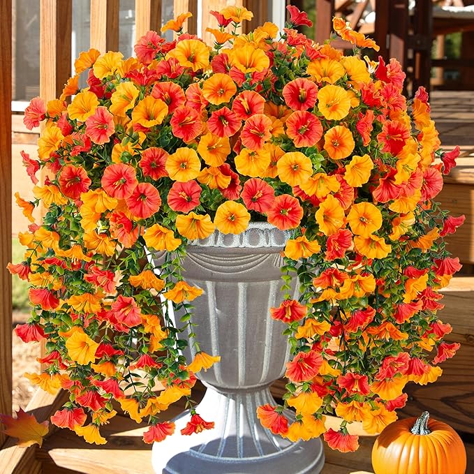 Ivydale 2 PCS Artificial Hanging Flowers Fake Plants Outdoor,Silk Morning Glory Faux Flowers with Eucalyptus Leaves,UV Resistant Realistic Hanging Plants for Home Garden Decor (Yellow+Orange)