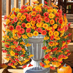 Ivydale 2 PCS Artificial Hanging Flowers Fake Plants Outdoor,Silk Morning Glory Faux Flowers with Eucalyptus Leaves,UV Resistant Realistic Hanging Plants for Home Garden Decor (Yellow+Orange)