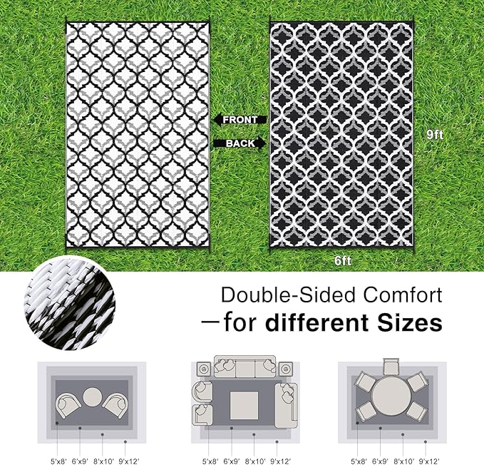 OLANLY Reversible Outdoor Rug 6x9 ft Clearance, Waterproof Outdoor Plastic Straw Rug with Interlacing Pattern, RV Mat for Patio, Camping, Balcony, Deck, Backyard, Black & White