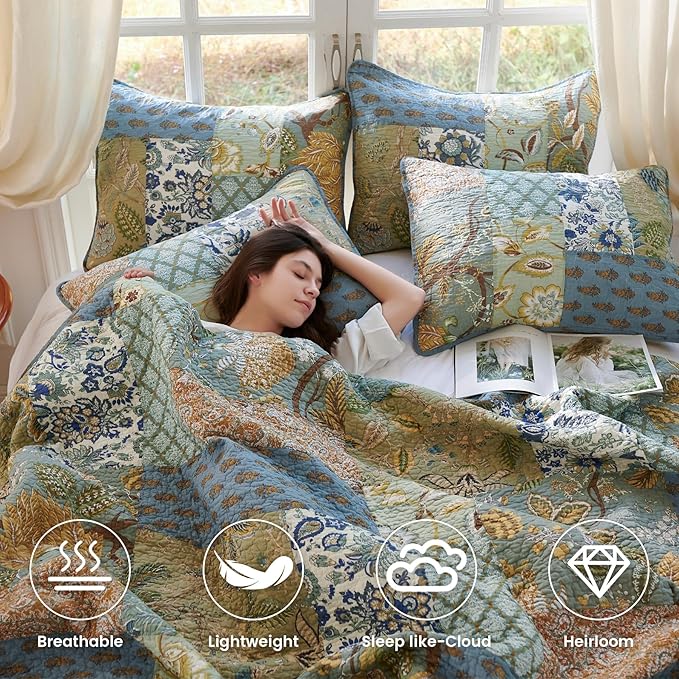 Secgo California King Quilt Size - 100% Cotton Oversized California Comforter Set Green Bedding Sets (120 * 110 Inch) with 2 Pillow Shams, Patchwork Reversible Lightweight Bedspread