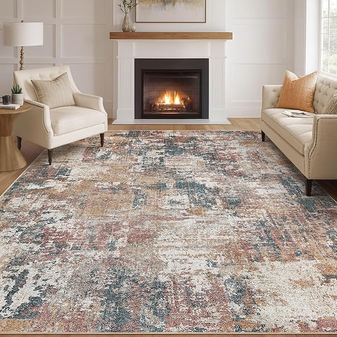 Tortania Washable 12x15 Area Rug for Living Room: Modern Abstract Neutral Large Soft Thin Rugs - Non Slip Indoor Carpet for Bedroom Dining Room Office Nursery Home Floor Decoration - Colorful Multi