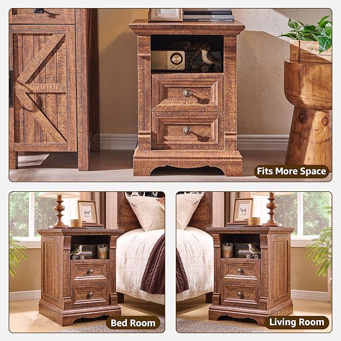 Farmhouse Nightstand with Charging Station, 18" End Table with 2 Drawers Storage and 1 Storage Shelf, Wooden Sofa Table w/Roman Column, , Bedside Cabinet for Bedroom, Living Room, Reclaimed Barnwood