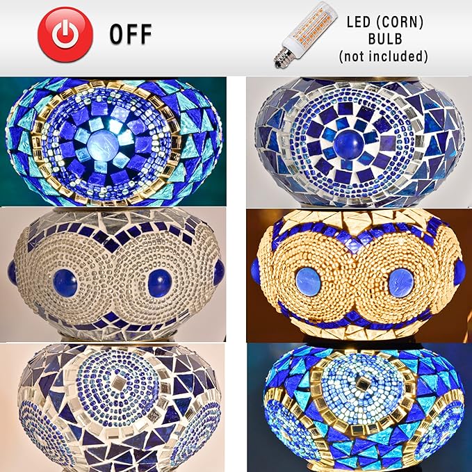 Mozaist Turkish Mosaic Lamp with Bulb – 3 Light Moroccan Table Lamp (Blue & White)
