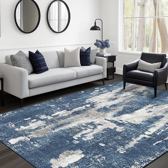 Area Rugs 8x10 for Living Room Bedroom Machine Washable Modern Abstract Soft Large Blue Rugs with Non Slip Backing, Floor Carpet for Dining Room