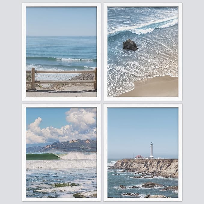 SIGNWIN Framed White Aerial View Blue Ocean Wave Beach Shore Wall Art, Set of 4 Landscape Colorful Wall Decor Prints, Nature Wilderness Wall Décor for Living Room, Bedroom - 11"x14" White