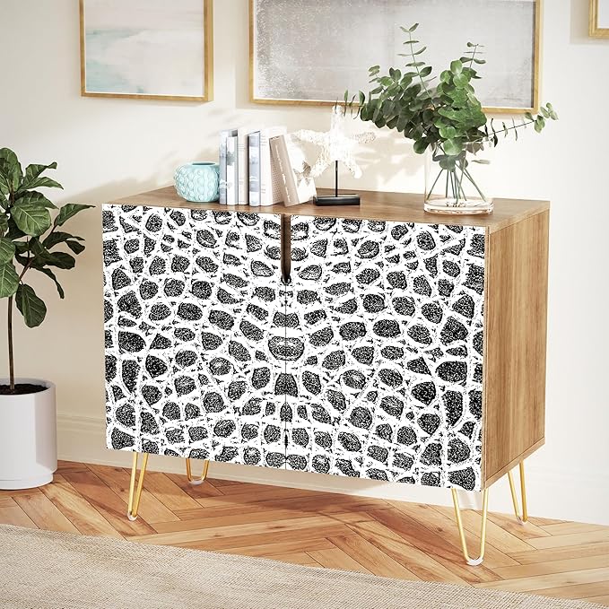 SIGNWIN Sideboard Buffet Cabinet, Kitchen Storage Cabinet with 2 Doors, Black & White Polygon Patterns, Cupboard Console Table for Dining Room - 35" L x 18" W x 29" H