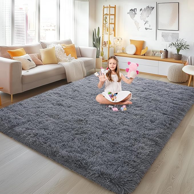 Large 8x10 Area Rugs for Living Room, Dark Grey Soft Shag Rug for Bedroom, Non-Slip Ultra Fluffy Rug, Modern Plush Carpet for Girls Boys Kids Room Dorm, Fuzzy Rug for Home Decor Aesthetic
