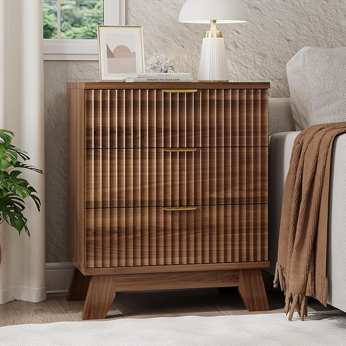 Fluted Nightstand, 24" Wide Side Table with 3 Large Storage Drawers, Mid Century Modern Wood Night Stand with Metal Handle, Wooden Bedside End Table for Bedroom, Living Room, Closet, Walnut