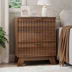 Fluted Nightstand, 24" Wide Side Table with 3 Large Storage Drawers, Mid Century Modern Wood Night Stand with Metal Handle, Wooden Bedside End Table for Bedroom, Living Room, Closet, Walnut