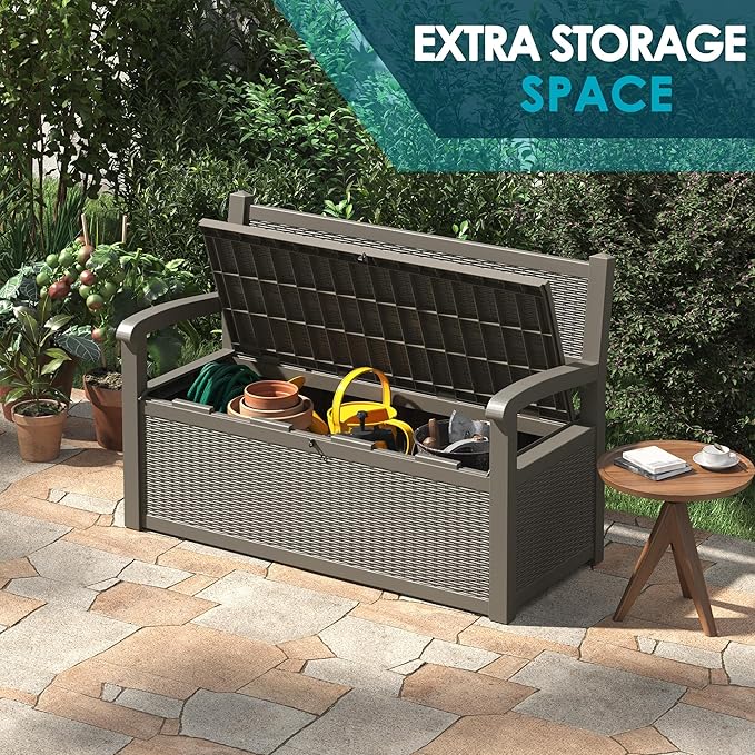 70 Gallon Storage Bench Deck Box for Patio Furniture with Armrest Bench Outdoor Storage
