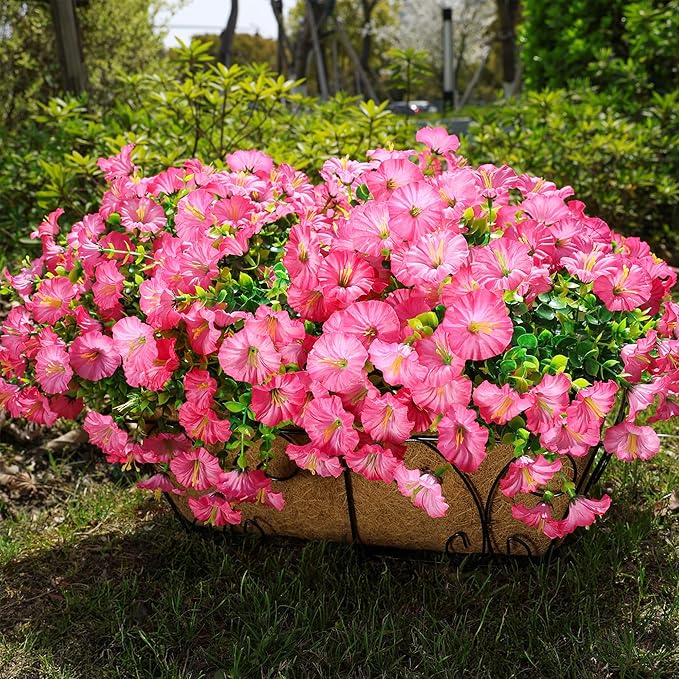 HyeFlora Artificial Flowers for Outdoors Fake Plants Outside Decoration, 12 Bundles Silk Pink Morning Glory with Eucalyptus UV Resistant Look Real Faux Flowers for Planter Front Door Yard Gardens Home