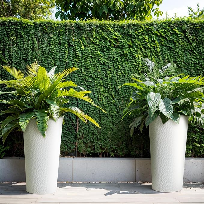 KOL 25" H. Metal Hand-Hammered Planters with Inner Pots 2-Pack, White Decor Planter for Deck, Patio, Porch - Galvanized Steel Handcrafted Flower Pot - w/Water Level Indicator - Indoor Outdoor Use