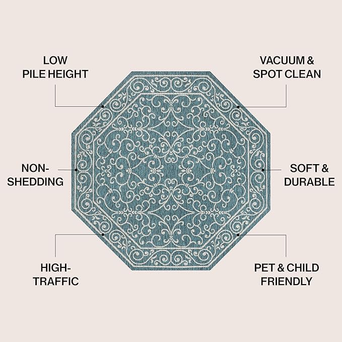 JONATHAN Y Vintage Filigree Indoor Outdoor Octagon Area Rug 8 Ft Teal/Gray, Charleston Textured Weave for Backyard, Patio, Porch, Easy-Cleaning, High Traffic, Pet-Friendly, Non-Shedding SMB106F-8TGN